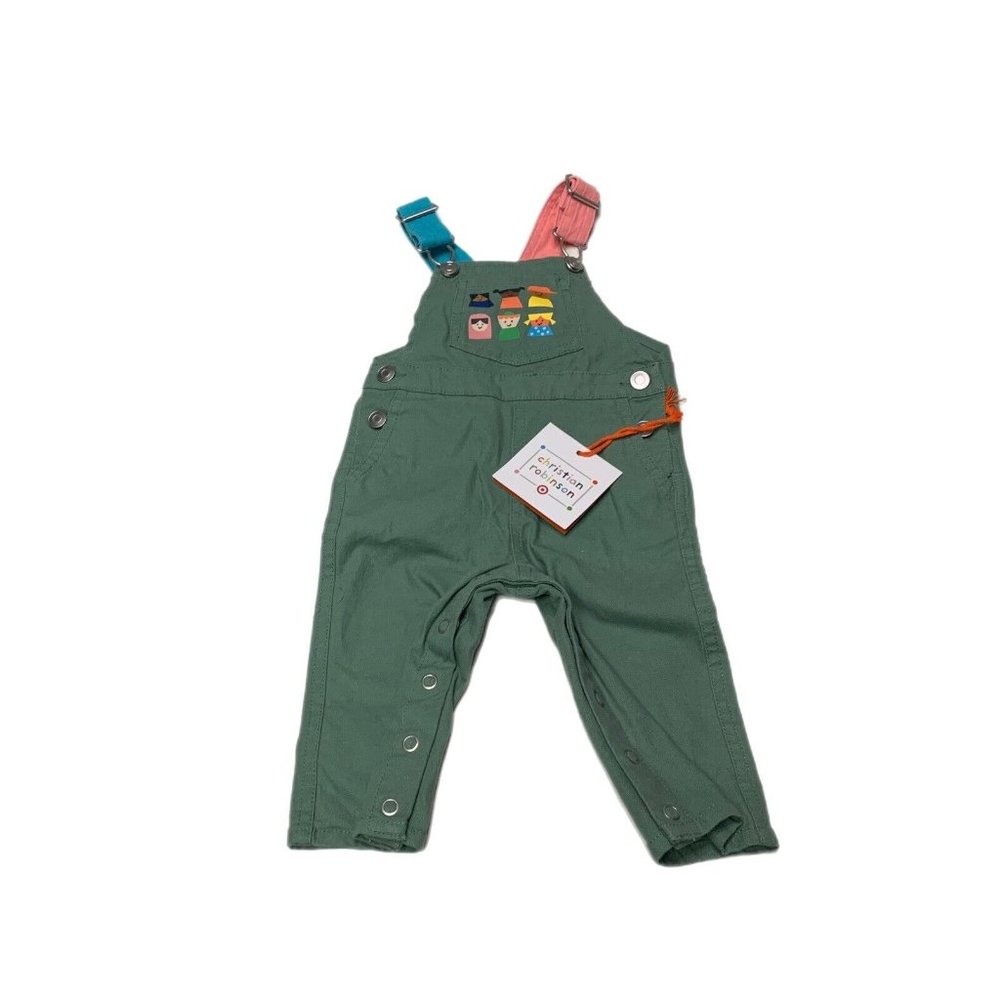 NWT Christian Robinson Baby Bib Overalls Pants Print Green 0-3M